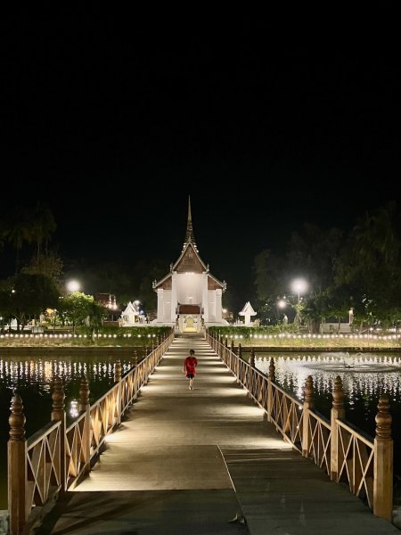 Sur un pont en bois illuminé par des ampoules, un garçon cours vers un temple au second plan.