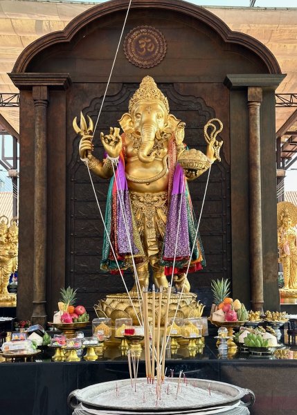 Un très grand Ganesh doré devant une table d'offrandes et tenu par des filins. Il est drapé dans un tissus chatoyant.