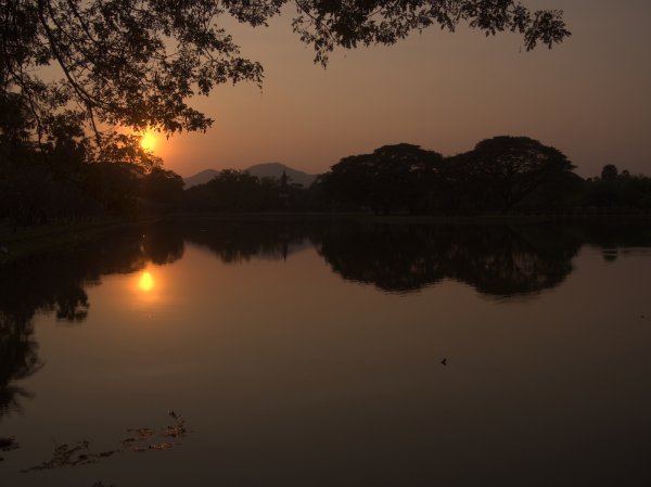 Le couché de soleil sur un bassin du parc