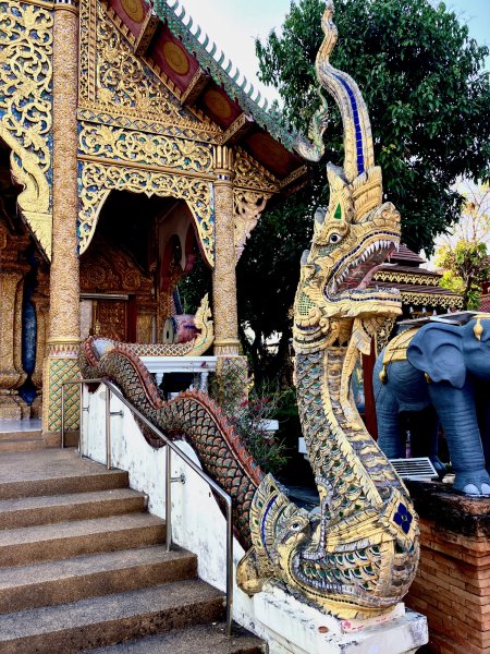 nāga bordant un escalier avec une corne sur la tête