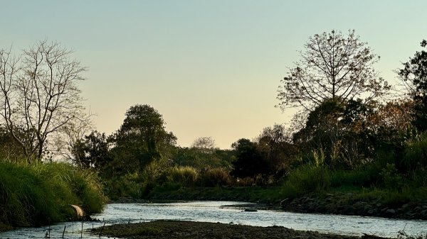 Une rivière à la tombée du jour entourée de verdure