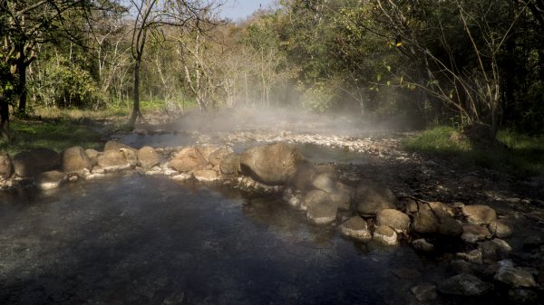 Un bassin naturel entouré de grosses pierres et de végétation. La vapeur de l'eau chaude forme un nuage au dessus de l'eau.